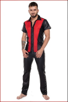 Herre skjorte CH015 fra Cats i sort wetlook og rødt tyl med lynlås