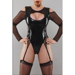 Body i Lak/PVC med lange ærmer i mesh fra Demoniq